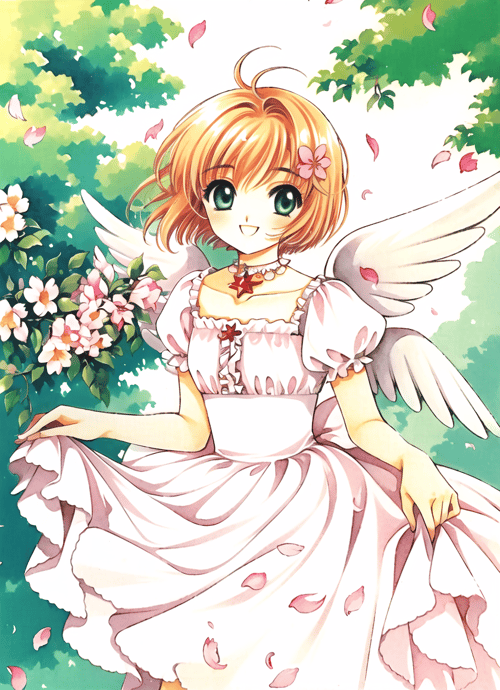 clamp \(circle\)<lora:clamp__circle__offset:1.2>  , masterpiece, watercolor, 1990s \(style\), 1girl, :d, antenna hair, brown hair, cherry blossoms, choker, closed mouth, dress, female, flower, formal, frilled dress, frills, green eyes, hair flower, hair ornament,  jacket, long sleeves, looking at viewer, magical girl, mini wings, open mouth, petals, pink choker, puffy short sleeves, puffy sleeves, retro artstyle, short hair, short sleeves, smile, tree, white dress, white wings, wind