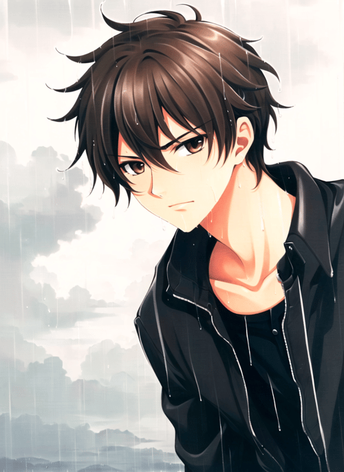 clamp \(circle\)<lora:clamp__circle__offset:1>,  masterpiece, best quality, 1boy, brown eyes, brown hair, male focus, outdoors, rain, solo