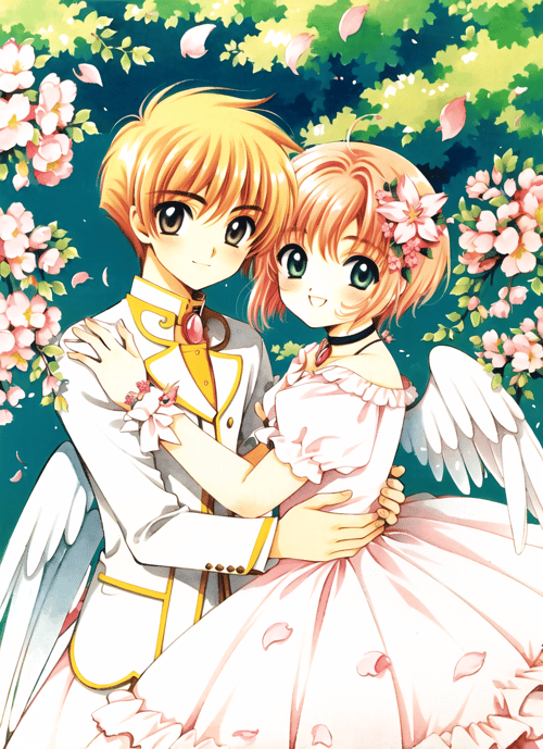 clamp \(circle\)<lora:clamp__circle__offset:1.2>  , masterpiece, watercolor, 1990s \(style\), 1boy, 1girl, :d, antenna hair, brown eyes, brown hair, cherry blossoms, choker, closed mouth, couple, dress, female child, flower, formal, frilled dress, frills, green eyes, hair flower, hair ornament, hands on another's shoulders, hetero, jacket, long sleeves, looking at viewer, magical girl, male child, mini wings, open mouth, petals, pink choker, puffy short sleeves, puffy sleeves, retro artstyle, short hair, short sleeves, smile, suit, tree, white dress, white jacket, white suit, white wings, wind, wings