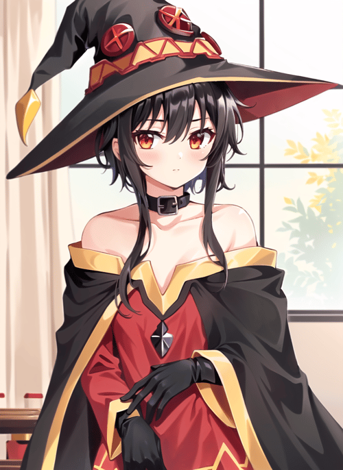 clamp \(circle\)<lora:clamp__circle__offset:1>,   megumin, 1girl, bare shoulders, black cape, black gloves, black hair, blush, cape, choker, collarbone, dress, hair between eyes, hat, long sleeves, looking at viewer, medium hair, off-shoulder dress, off shoulder, red dress, red eyes, sidelocks, solo, witch hat, indoors, (masterpiece)