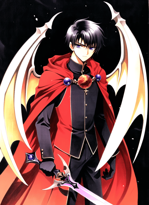 clamp \(circle\)<lora:clamp__circle__offset:1>,  masterpiece, best quality, 1boy, arm across chest, black clothes, black hair, cloak, closed mouth, demon wings, earth (planet), light particles, long sleeves, looking at viewer, male focus, planet, purple eyes, red cloak, solo, sword, traditional media, uniform, weapon, wings