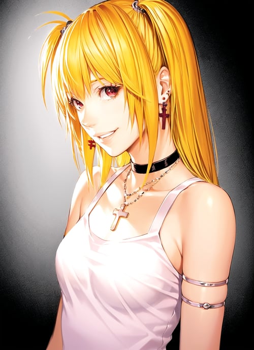 obata takeshi, masterpiece, best quality, 1girl, amane misa, bare shoulders, blonde hair, choker, cross, death note, earrings, grin, jewelry, korean commentary, looking to the side, medium hair, necklace, parted lips, red eyes, smile, solo, upper body, white background <lora:obata_takeshi_offset:1>