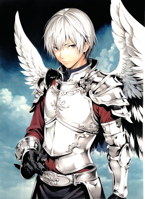obata takeshi, masterpiece, best quality, 1boy, angel wings, armor, black gloves, chest armor, feathered wings, multiple wings, white hair, solo  <lora:obata_takeshi_offset:1>