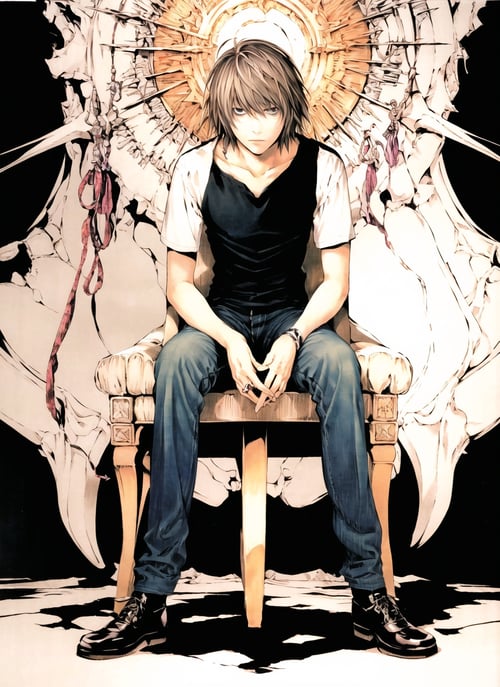 obata takeshi, masterpiece, best quality, 1boy, bags under eyes, death note, l \(death note\), male focus, obata takeshi, official art, solo, spoilers <lora:obata_takeshi_offset:1>