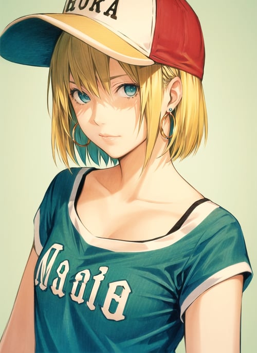 obata takeshi, masterpiece, best quality, 1girl, aqua eyes, baseball cap, blonde hair, closed mouth, earrings, green background, hat, hoop earrings, jewelry, looking at viewer, shirt, short hair, simple background, solo, upper body, yellow shirt <lora:obata_takeshi_offset:1>