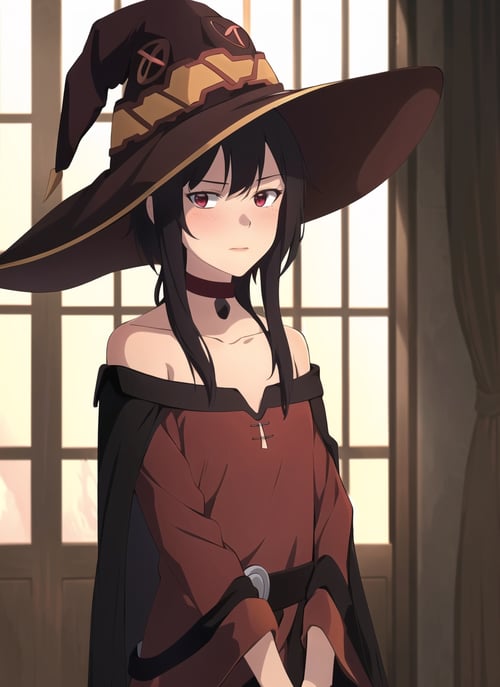 witcher, masterpiece, best quality, megumin, 1girl, bare shoulders, black cape, black gloves, black hair, blush, cape, choker, collarbone, dress, hair between eyes, hat, long sleeves, looking at viewer, medium hair, off-shoulder dress, off shoulder, red dress, red eyes, sidelocks, solo, witch hat, indoors,  <lora:witcher_offset:1>