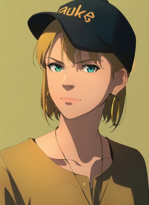 witcher, masterpiece, best quality, 1girl, aqua eyes, baseball cap, blonde hair, closed mouth, earrings, green background, hat, hoop earrings, jewelry, looking at viewer, shirt, short hair, simple background, solo, upper body, yellow shirt <lora:witcher_offset:1>