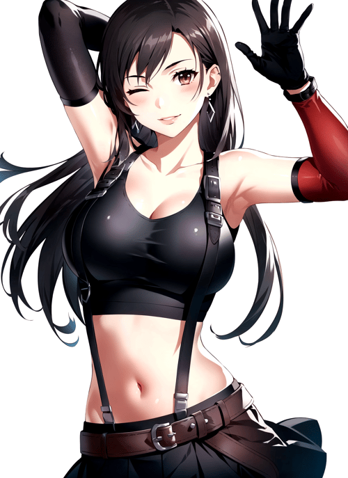 bunbun <lora:bunbun_offset:1>,  tifa lockhart, 1girl, thick lips, arm up, armpits, artist name, belt, black hair, breasts, brown eyes, cleavage, closed mouth, collarbone, cowboy shot, crop top, earrings, elbow gloves, elbow pads, gloves, jewelry, large breasts, lips, long hair, low-tied long hair, midriff, navel, one eye closed, outdoors, skirt, smile, solo, stomach, suspenders, tank top, upper body, ((masterpiece)) <lora:tifa_lockhart:0.4>