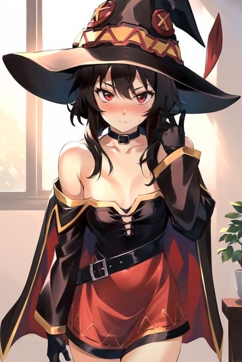 optionaltypo, masterpiece, best quality, megumin, 1girl, bare shoulders, black cape, black gloves, black hair, blush, cape, choker, collarbone, dress, hair between eyes, hat, long sleeves, looking at viewer, medium hair, off-shoulder dress, off shoulder, red dress, red eyes, sidelocks, solo, witch hat, indoors,   <lora:optionaltypo_offset:1>
