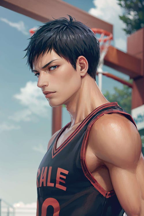 (masterpiece, best quality:1.2), <lora:kb_aomine-10:1>, from side, solo, male focus, 1boy, aomine daiki, muscular, serious, closed mouth, sportswear, basketball uniform, basketball court