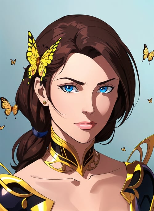 portrait of beautiful cyborg with brown hair, intricate, elegant, highly detailed, majestic, gold butterfly filigree, broken glass, (masterpiece, sidelighting, finely detailed beautiful eyes: 1.2), 1girl, <lora:more_details:0.3>