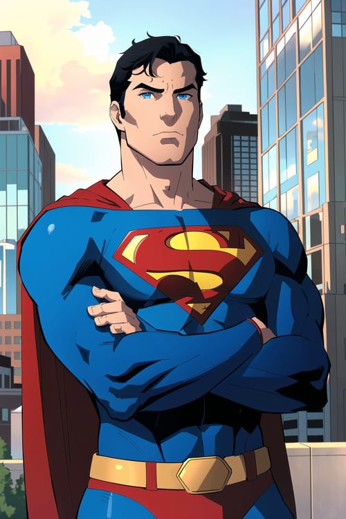 1boy, superman, abs, bara, black hair, blue bodysuit, blue eyes, bodysuit, cape, closed mouth, crossed arms, large pectorals, male focus, muscular, muscular male, pectoral lift, pectorals, red cape, short hair, outdoors, skyscrapers, solo, superhero, upper body , ((masterpiece))