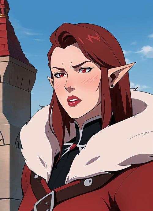 castlevania style, 1girl, solo, red eyes, long hair, blush, red hair, lips, parody, fur trim, pointy ears, brown hair, looking to the side, looking away , ((masterpiece)) 