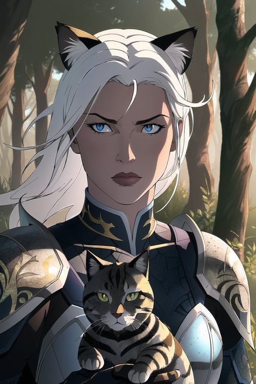 girl holding cat, cat ears, chibi, blue, gold, white, purpple, dragon scaly armor, forest background, fantasy style, (dark shot:1.17), epic realistic, faded, ((neutral colors)), art, (hdr:1.5), (muted colors:1.2), hyperdetailed, (artstation:1.5), cinematic, warm lights, dramatic light, (intricate details:1.1), complex background, (rutkowski:0.8), (teal and orange:0.4), colorfull, (natural skin texture, hyperrealism, soft light, sharp:1.2), (intricate details:1.12), hdr, (intricate details, hyperdetailed:1.15), white hair,