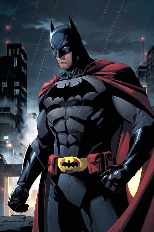 comic book style, batman, 1boy, dark scene, cowboy shot of batman, athletic, white eyes, no pupils, night city, mist, particles, male focus, mask, muscular, muscular male, ragged and torn cape, night, outdoors, rain, serious, dark armosphere, detailed background  <lora:more_details:0.3>