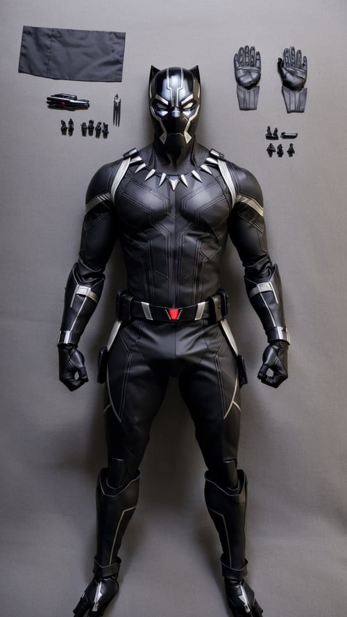 (Dutch angle:1.3), (ActionFigureQuiron style), solo, Black Panther (Marvel Comics): The sleek black Panther suit, clawed gloves, and powerful presence make Black Panther an empowering and iconic cosplay choice., box art,action figure box, weapon, no humans, (reference sheet:1.4), power armor, concept art,<lora:quiron_ActionFigure_v2_lora:0.77>