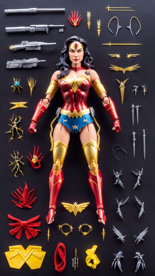 (Dutch angle:1.3), (ActionFigureQuiron style), solo, Wonder Woman (DC Comics): Wonder Woman's iconic armor, tiara, and Lasso of Truth make her a powerful and empowering character to cosplay. , action figure box, weapon, wings, high heels, no humans, (reference sheet:1.1), power armor,<lora:quiron_ActionFigure_v2_lora:0.77>