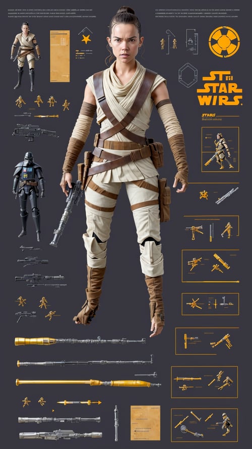 (Dutch angle:1.3), (ActionFigureQuiron style), solo, Rey (Star Wars): Rey's desert scavenger outfit, staff, and connection to the Force have made her a beloved character to cosplay from the recent Star Wars films., box art, inside gift box,action figure box, weapon, no humans, (reference sheet:1.4), power armor, concept art,<lora:quiron_ActionFigure_v2_lora:0.47>