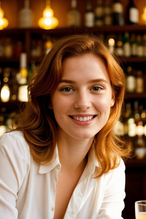 a close up photo of a 20 year old french woman in a blouse at a bar, seductive smile, ginger hair, cinematic light, film still,