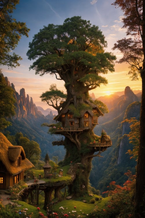 valley, fairytale treehouse village covered, , matte painting, highly detailed, dynamic lighting, cinematic, realism, realistic, photo real, sunset, detailed, high contrast, denoised, centered, michael whelan