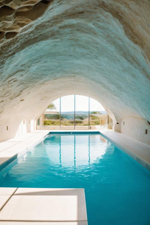award winning interior photo, photograph, ultra photorealistic, photorealism, film still of inside a modern white spacious (swimming-pool inside a smooth stone cave:1.25), smooth shading, desert, daylight, bright colors, hyper realistic, modern, surreal, lights, minimalistic studio architecture, behance, halation, bloom, dramatic atmosphere, rule of thirds, 8k uhd, dslr, high quality, film grain, Fuji Superia X-TRA 400