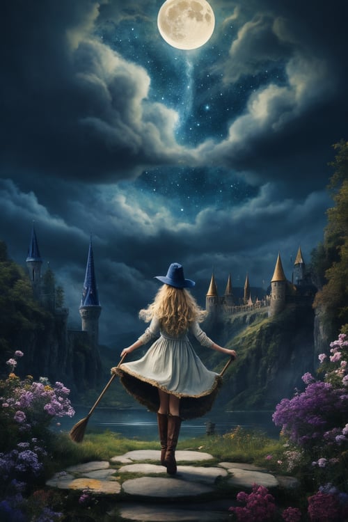 masterpiece, best quality, ultra-detailed, illustration, 1girl, solo, fantasy, flying, broom, night sky, outdoors, magic, spells, moon, stars, clouds, wind, hair, cape, hat, boots, broomstick, glowing, mysterious, enchanting, whimsical, playful, adventurous, freedom, wonder, imagination, determination, skill, speed, movement, energy, realism, naturalistic, figurative, representational, beauty, fantasy culture, mythology, fairy tales, folklore, legends, witches, wizards, magical creatures, fantasy worlds, composition, scale, foreground, middle ground, background, perspective, light, color, texture, detail, beauty, wonder.
