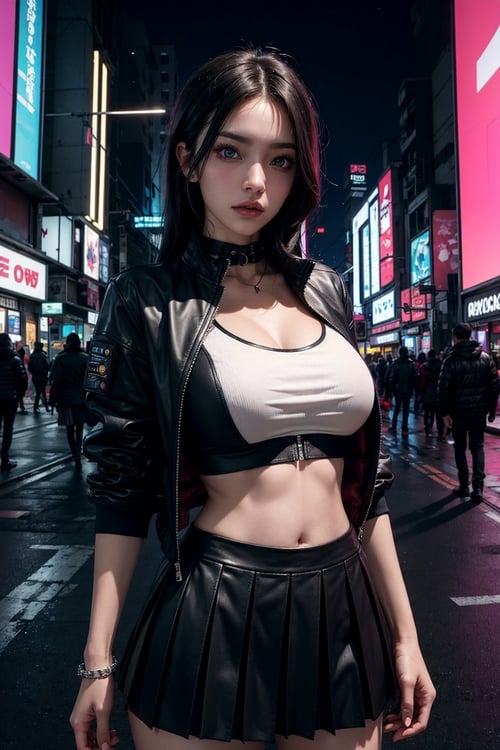 gorgeous woman, large breasts, round breasts, hair_highlighting, Cyberpunk girl, cropped jacket, white croptop, leather skirt, pleated miniskirt, cyber asthetic, attractive, looking at viewer, (cyberpunk city, night street), large hip, narrow waist, flat stomach, skinny torso, dual lightings, (detailed eyes:1.3)