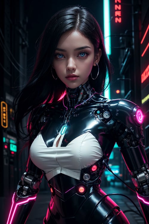 1girl, cyborg lady, cybernetic limbs, mechanical parts, white shirt, unbottoned, black latex skirt, metal skin, glowing red eyes, cables, wires, black hair, cowboy_shot, simple background, depth of field, (full dual colour neon lighting:1.2), (detailed face:1.2), (detailed eyes:1.2), (detailed background:1.2), comprehensive cinematic, magical photography, colorful, detailed landscape,