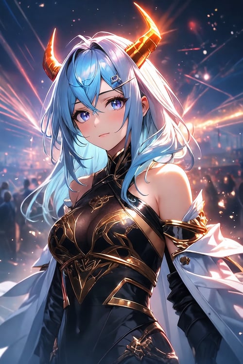 (masterpiece, best quality:1.2), (absurdres, highres, ultra-detailed), (perfect anatomy), BREAK , realistic, 1girl, blue hair, horns, multicolored eyes, glowing, blue eye, purple eye, bare shoulders, demon eyes, magic circle, light particles, light rays, wallpaper , BREAK , -