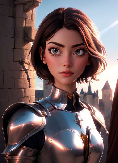 portrait of a girl, the most beautiful in the world, (medieval armor), metal reflections, upper body, outdoors, short hair, brown hair, sunlight, far away castle, professional photograph of a stunning woman detailed, sharp focus, , award winning, cinematic lighting