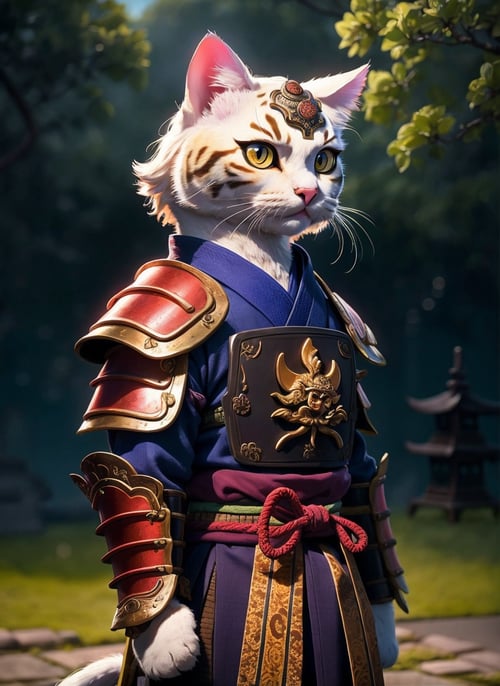 An ancient anthropomorphic cat samurai using an ancient samurai armor, photography, beautiful, bokeh temple background, colorful, masterpieces, top quality, best quality, official art, beautiful and aesthetic, realistic