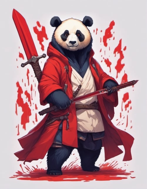 Leonardo Style, illustration, bear, 1boy, weapon on back, jacket, panda, male focus, weapon, red eyes, solo, sword, red jacket, furry,  <lora:leonardo_illustration:1>