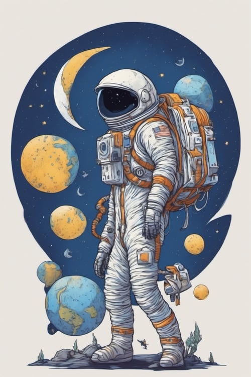 Leonardo Style, illustration, moon, spacesuit, astronaut, ambiguous gender, solo, bag, backpack, bird, space helmet, helmet, 1other, 1boy, standing<lora:leonardo_illustration:1>