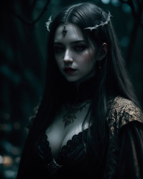Vampire Queen, backlit, intricate details, highly detailed, slate atmosphere, cinematic, dimmed colors, dark shot, muted colors, film grain, lut, spooky, depth blur, blurry background dof, bokeh, realistic, realistic skin