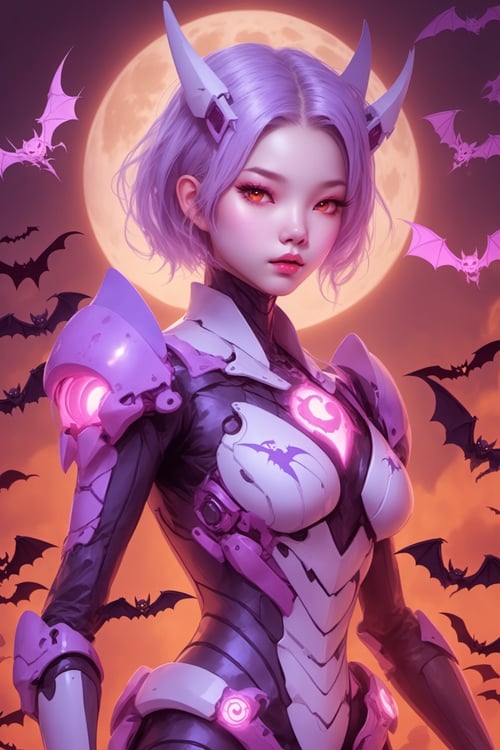  1 girl, Asian, pink mech suit, (masterpiece:1.1), (high-quality:1.1), (photorealistic:1.4), bare shoulders, pale skin, dragon wings, white hair, purple eyes, collarbone, pleated skirt, ankle boots, retro style, Halloween-themed decorations on the mech suit, pumpkin-shaped shoulder pads, spiderweb patterns, neon purple accents, glowing jack-o'-lantern emblem on the chest, misty atmosphere, moonlit night sky, bats flying in the background