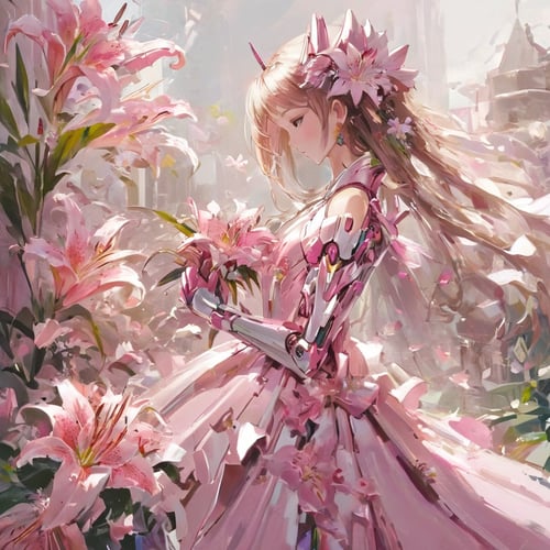 Bestquality,masterpiece,1girl,beautiful_face,eyebrows_visible_through_hair,lily_\(flower\),dress,holding_flower,from_side,Pink Mecha