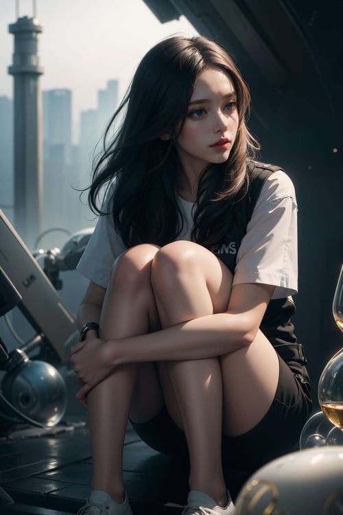 1girl, dynamic angle, (abstract background:1.3)hugging knees sitting, art by Erik Jones,  octane render, High exposure of a Biochemical [Lily Sheen|Trevor Philips], looking down, Radiant hair, Foggy conditions, Sunlight, L USM, official art, unity 8k wallpaper, ultra detailed, aesthetic, masterpiece, best quality, photorealistic