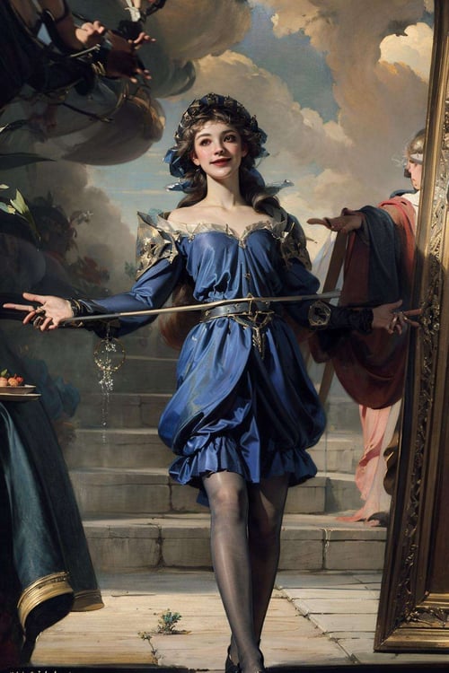 renaissance, (Masterpiece:1.4), (best quality:1.2), <lora:EDG_Zoe-000021:1>, edg zoe, 1girl, heterochromia, short dress, black dress, pantyhose, very long hair, smile <lora:EDG_Zoe:1><lora:文艺复兴:1>