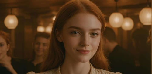 a close up photo of a 20 year old french woman in a blouse at a bar, seductive smile, ginger hair, cinematic light, film still,<lora:JuggerCineXL2:1.0>