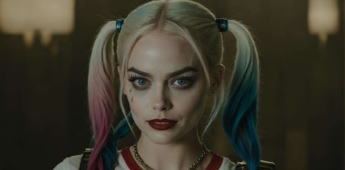 (Movie Still) from Suicide Squad , (extremely intricate:1.3), (realistic), portrait of a girl, the most beautiful in the world, Margot Robbie as Harley Quinn, colorful hair, pigtails, blue eyes, baseball bat, teeth, (detailed face, detailed eyes, clear skin, clear eyes), photorealistic, award winning, professional photograph of a stunning woman detailed, sharp focus, dramatic, award winning, cinematic lighting, volumetrics dtx <lora:JuggerCineXL2:1.0>