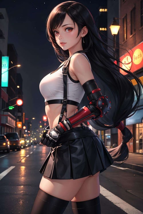 masterpiece, best quality, 7rtifa, crop top, arm guards, fingerless gloves, suspenders, pleated miniskirt, black thighhighs, fist, from side, looking at viewer, dystopian city, city street, night <lora:tifa-nvwls-v1-000008:0.8>
