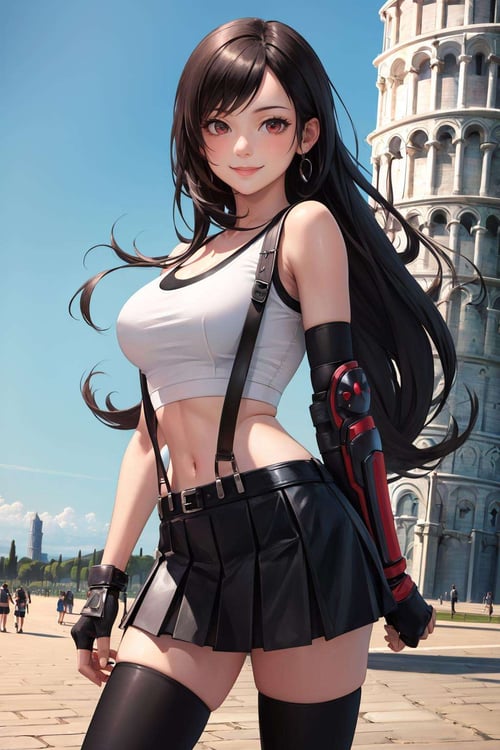 masterpiece, best quality, 7rtifa, crop top, arm guards, fingerless gloves, suspenders, pleated miniskirt, black thighhighs, upper body, standing, (leaning tower of pisa) in background, looking at viewer, smile <lora:tifa-nvwls-v1-final:0.8>