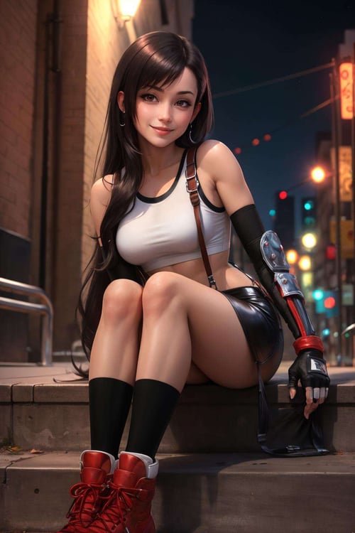 masterpiece, best quality, defTifa, white crop top, elbow pad, fingerless gloves, suspenders, pencil skirt, red boots, sitting, stairs, city street at night, looking at viewer, smile, dystopian city <lora:tifa-nvwls-v1-000008:0.8>
