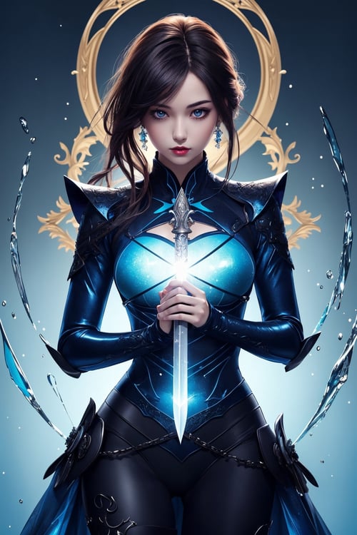 ((masterpiece, best quality)),a girl holding one sword, in the style of dark azure and light azure, mixes realistic and fantastical elements, vibrant manga, uhd image, glassy translucence, vibrant illustrations。