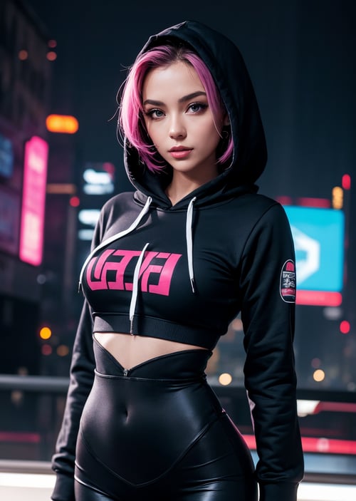 edgNoire,upper body shot,female, woman wearing casual hoodie with logos, sleek designer bodysuit, (cyber leggings:1.1) ,cyberpunk scene