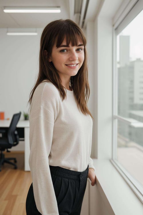 RAW Photo, DSLR BREAK a young woman with bangs, (light smile:0.8), (smile:0.5), wearing relaxed shirt and trousers, causal clothes, (looking at viewer), focused, (modern and cozy office space), design agency office, spacious and open office, Scandinavian design space BREAK detailed, natural light <lora:epiCRealismHelper:1>