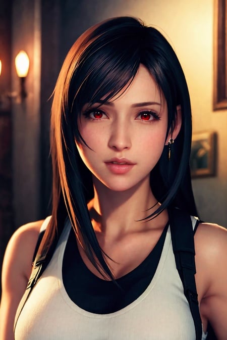 ff7r style, tifa lockhart,1girl, solo, long hair, earrings, jewelry, red eyes, black hair, looking at viewer, realistic, blurry, parted lips, blurry background, tank top, swept bangs, lips, portrait, suspenders, bare shoulders, brown eyes, bangs, ((masterpiece))<lora:ff7r_style_ned_offset:1> 