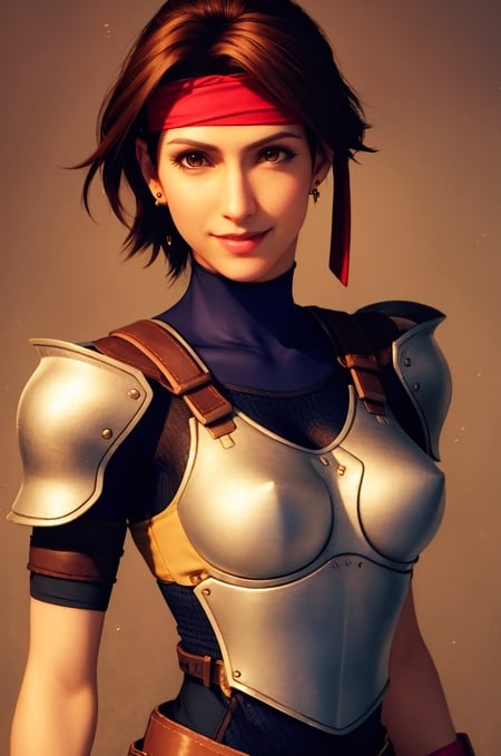ff7r style, 1girl, solo, armor, jewelry, earrings, brown hair, shoulder armor, headband, brown eyes, red headband, looking at viewer, chainmail, lips, breastplate, upper body, pauldrons, bodysuit, realistic, boobplate, short hair, smile, braid<lora:ff7r_style_ned_offset:1> 