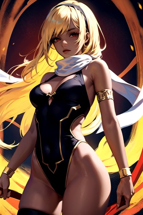 blonde hair, red eyes,long hair,dark skin,wearing vambraces and hairband and leotard and scarf, gold trim, peacing