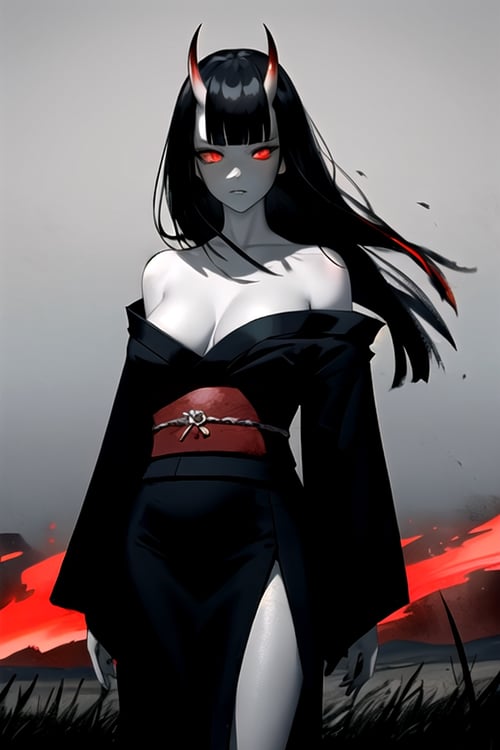 absurdres, highres night, cowboy shot, official wallpaper, grasslands, 1girl, oni horns, black hair, blunt bangs, long hair, disheveled hair, black open kimono, slit pupils, glowing red eyes, pale skin, [furious:sad:0.8], aura, (looking at viewer:1.2), standing, large breasts, bare shoulder, wind, serious, dark theme
